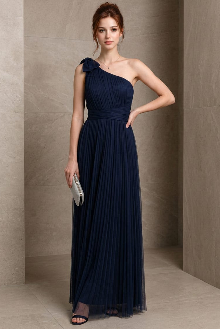 Louise Mesh Pleated One-Shoulder Gown