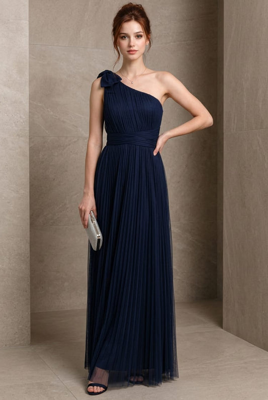 Louise Mesh Pleated One-Shoulder Gown