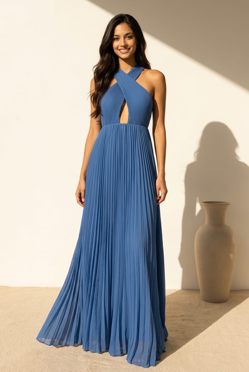 Cynthia Pleated Halter Criss Cross Gown