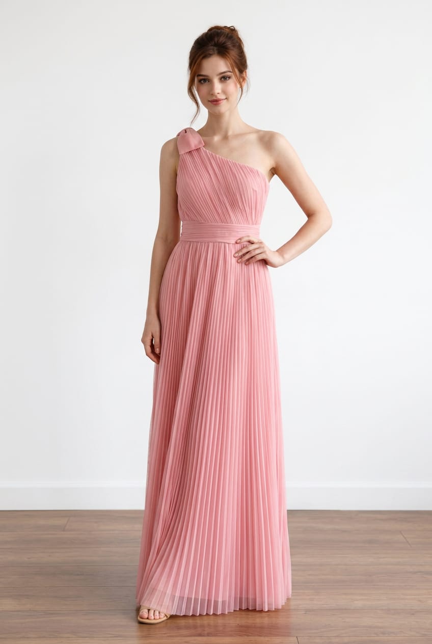 Louise Mesh Pleated One-Shoulder Gown