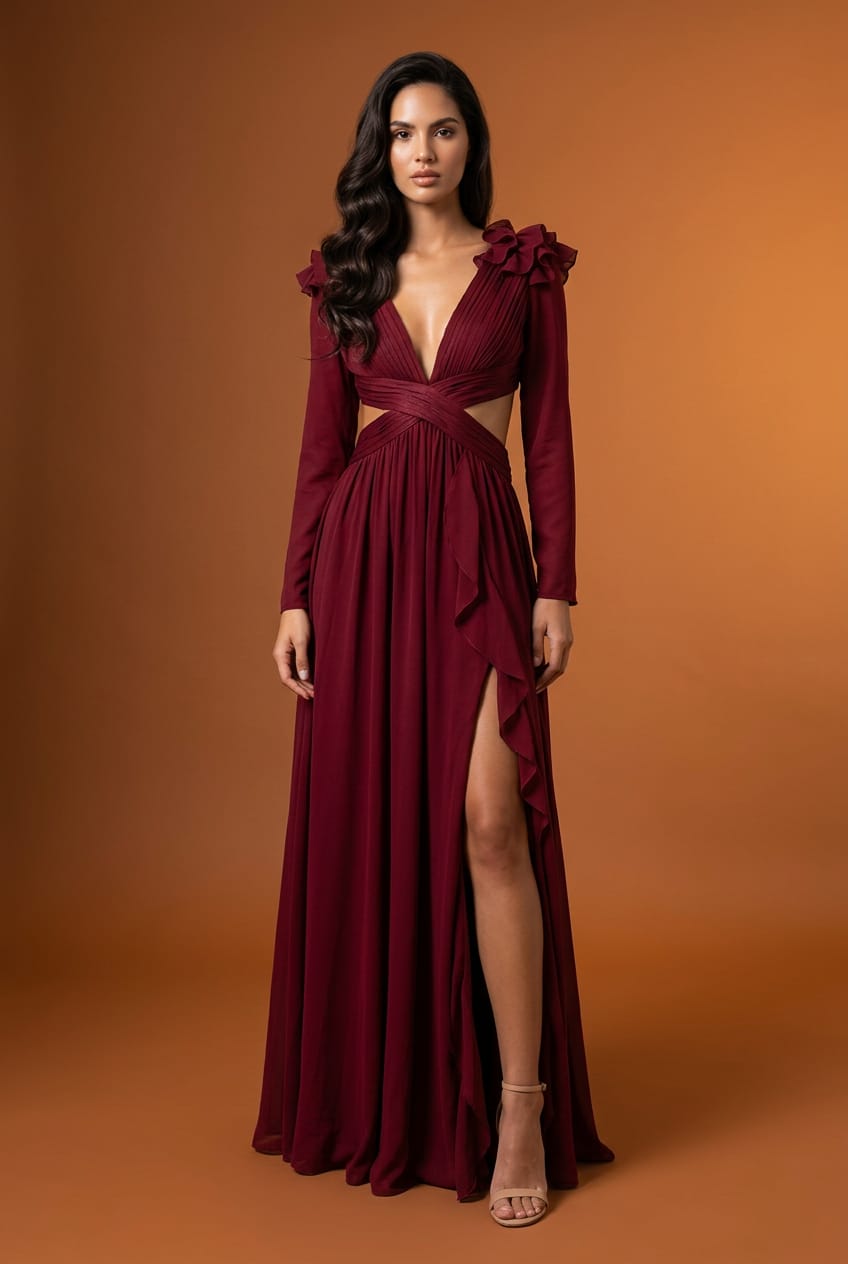 Danica Ruffle Long Sleeve Gown with Slit