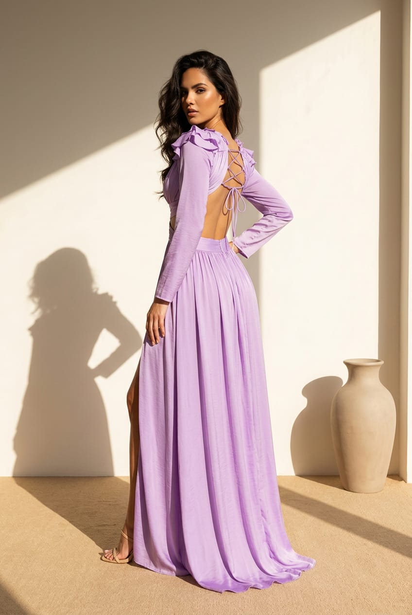 Danica Ruffle Long Sleeve Gown with Slit